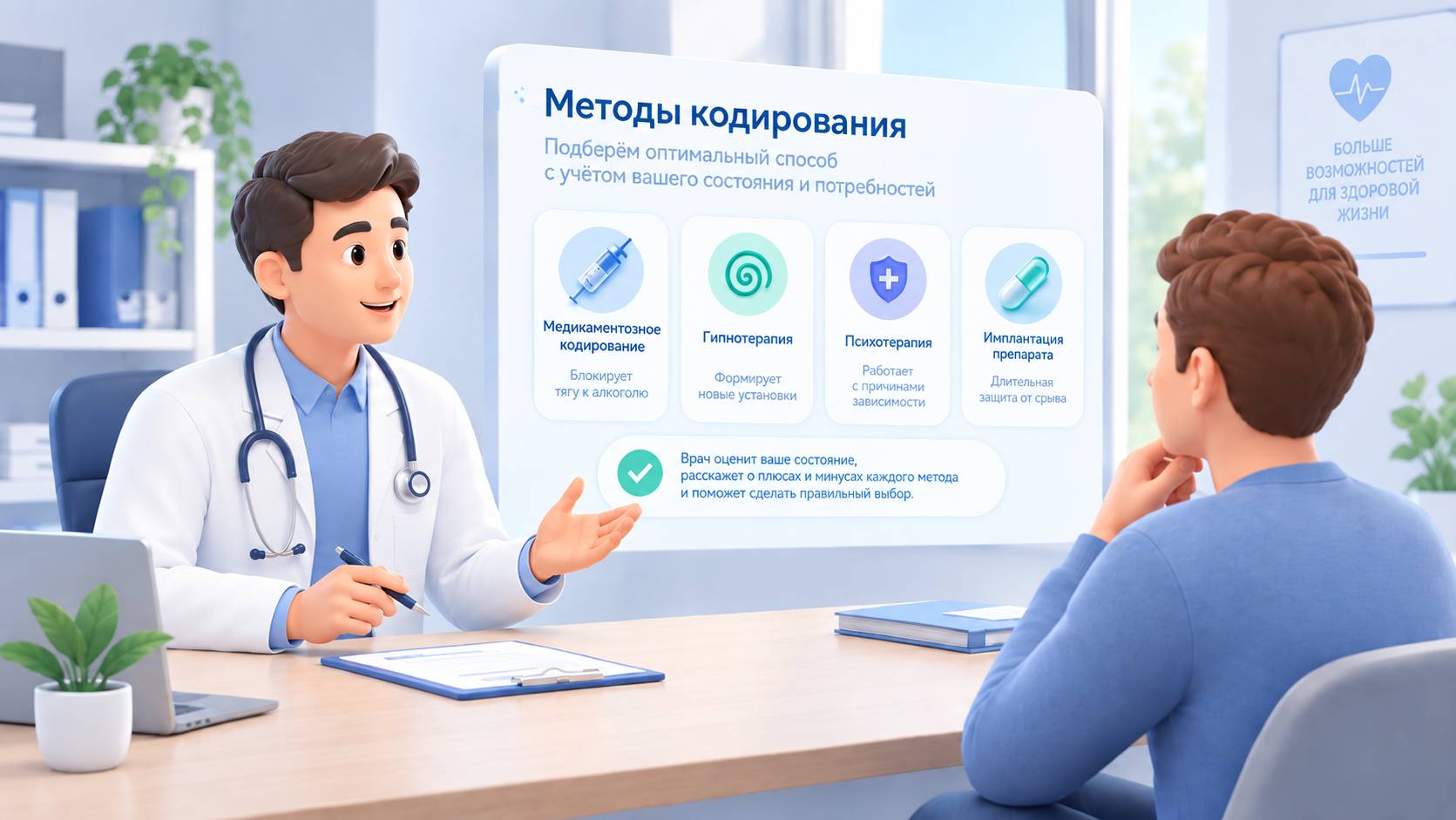 Консультация врача-нарколога перед выбором метода кодирования от алкоголизма: врач обсуждает с пациентом возможные варианты лечения и индивидуально подбирает подходящий метод.